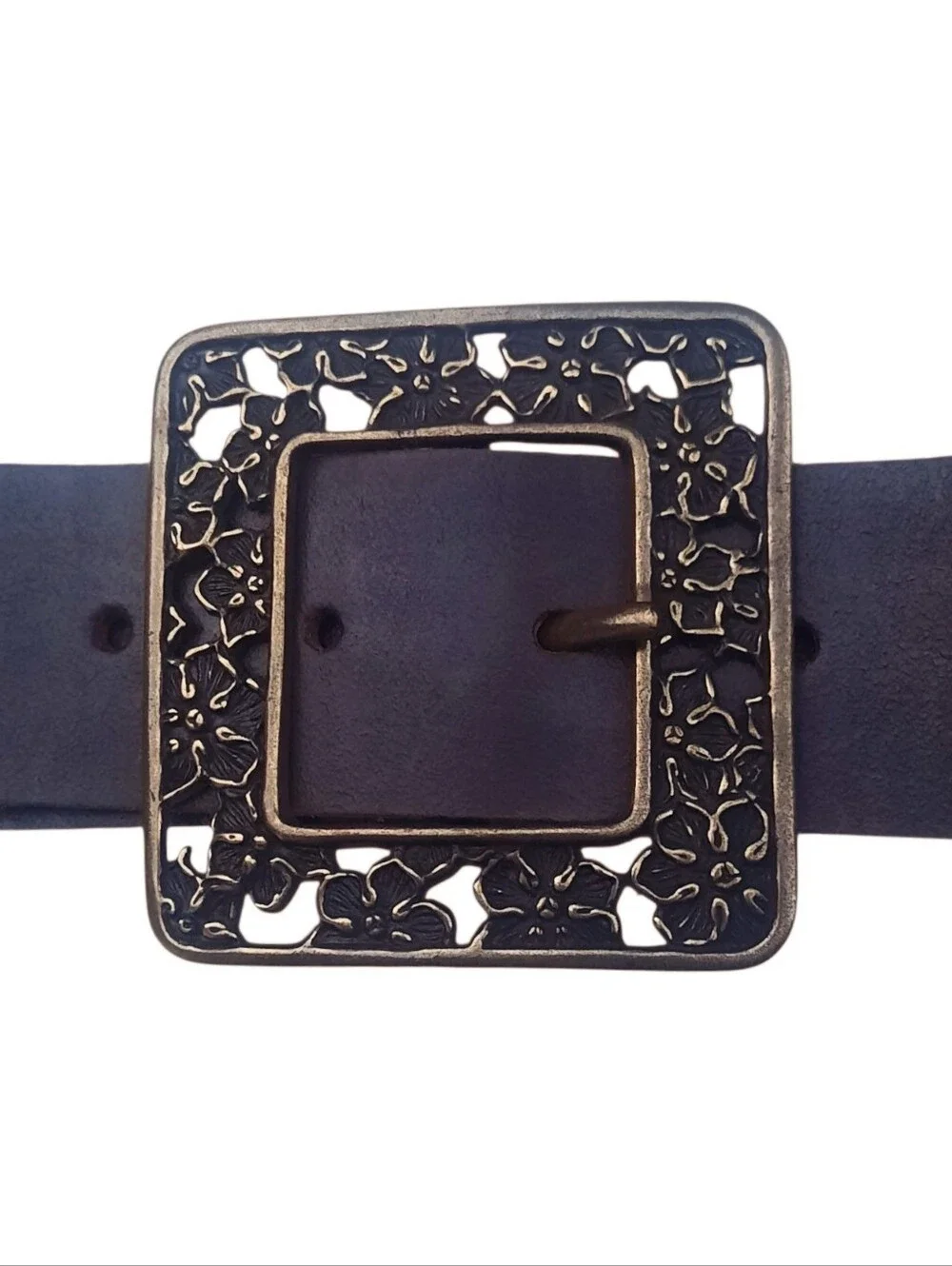 Vtg MAURICES Brown Wide Leather Belt w/Antique Brass Square Filigree Buckle Sz L